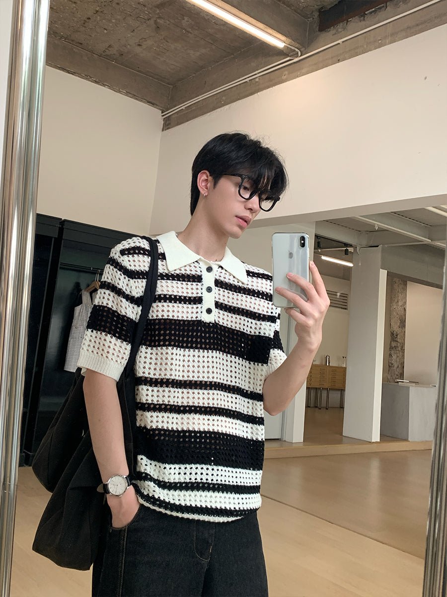 メッシュニット ボーダー ポロシャツ OR4443 – 韓国メンズファッション