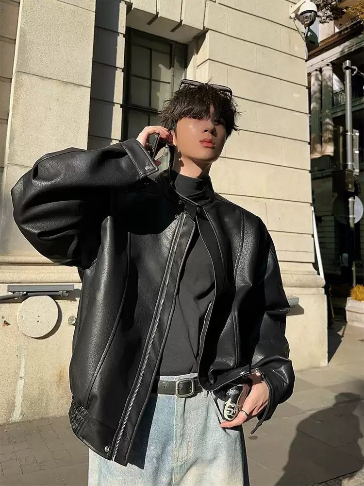 Stand collar PU jacket OR3893 – 韓国メンズファッション通販 - ORUN - Stand collar PU jacket OR3893 – 韓国メンズファッション通販 - ORUN -