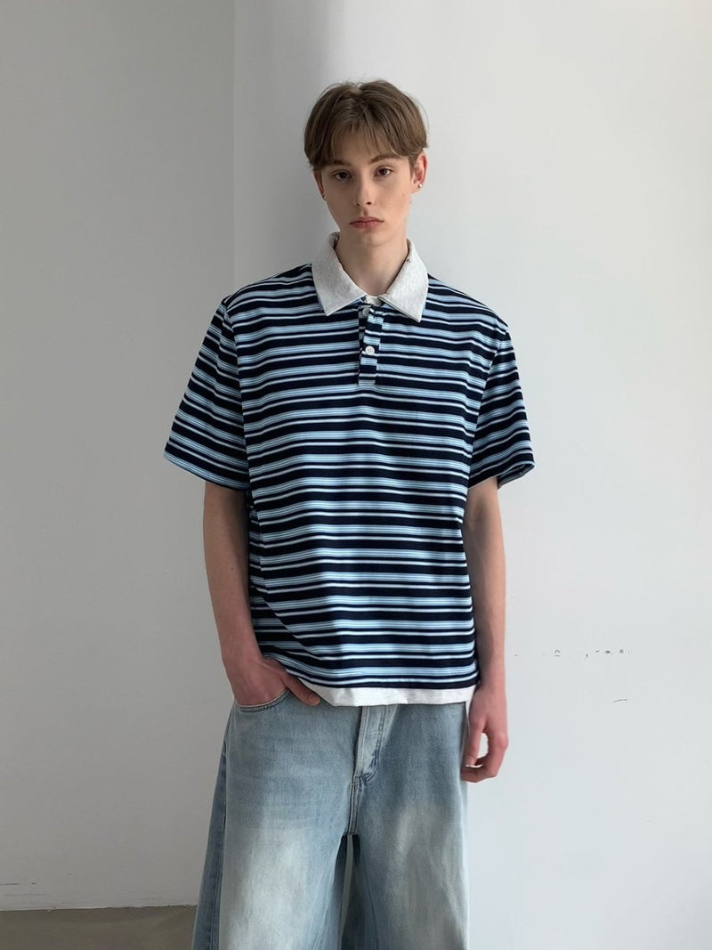 ボーダーラペルポロシャツ メンズ コットン100% / Border Lapel POLO OR4421 - 韓国メンズファッション通販 - ORUN - 