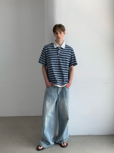 ボーダーラペルポロシャツ メンズ コットン100% / Border Lapel POLO OR4421 - 韓国メンズファッション通販 - ORUN - 