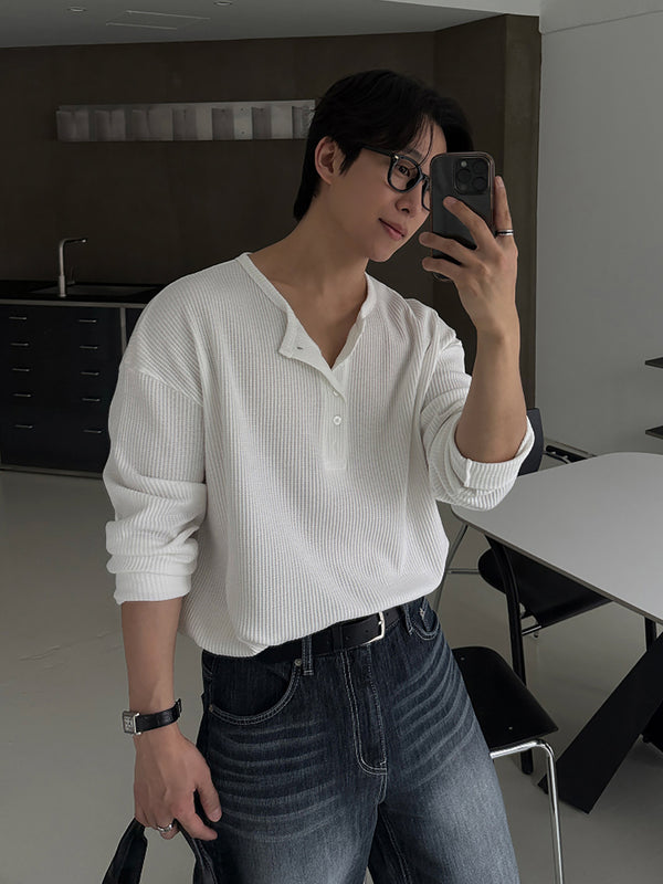 ワッフルニットヘンリーネックTシャツ OR5492