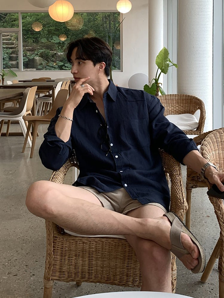 OUR 上品な透け感 リネン風シャツ 長袖 上品な透け感、リネン風シャツ
