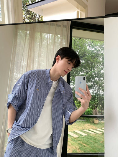 Blue plaid long sleeve casual jacket shorts OR4325 - ORUN