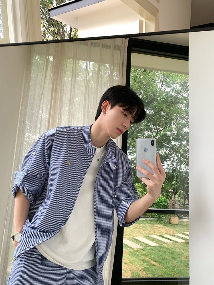 Blue plaid long sleeve casual jacket shorts OR4325 - ORUN