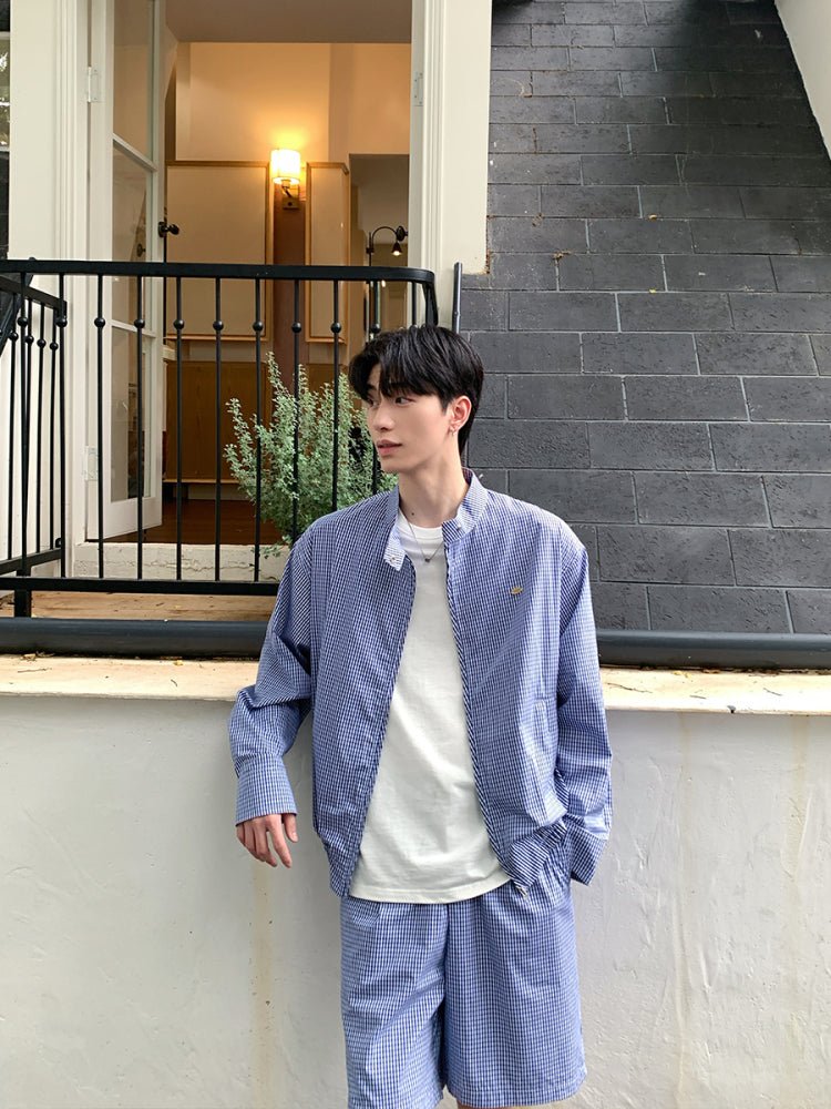 Blue plaid long sleeve casual jacket shorts OR4325 - ORUN