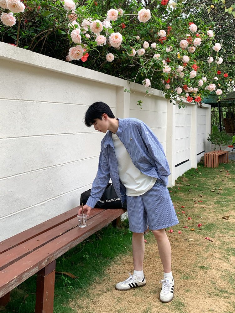 Blue plaid long sleeve casual jacket shorts OR4325 - ORUN