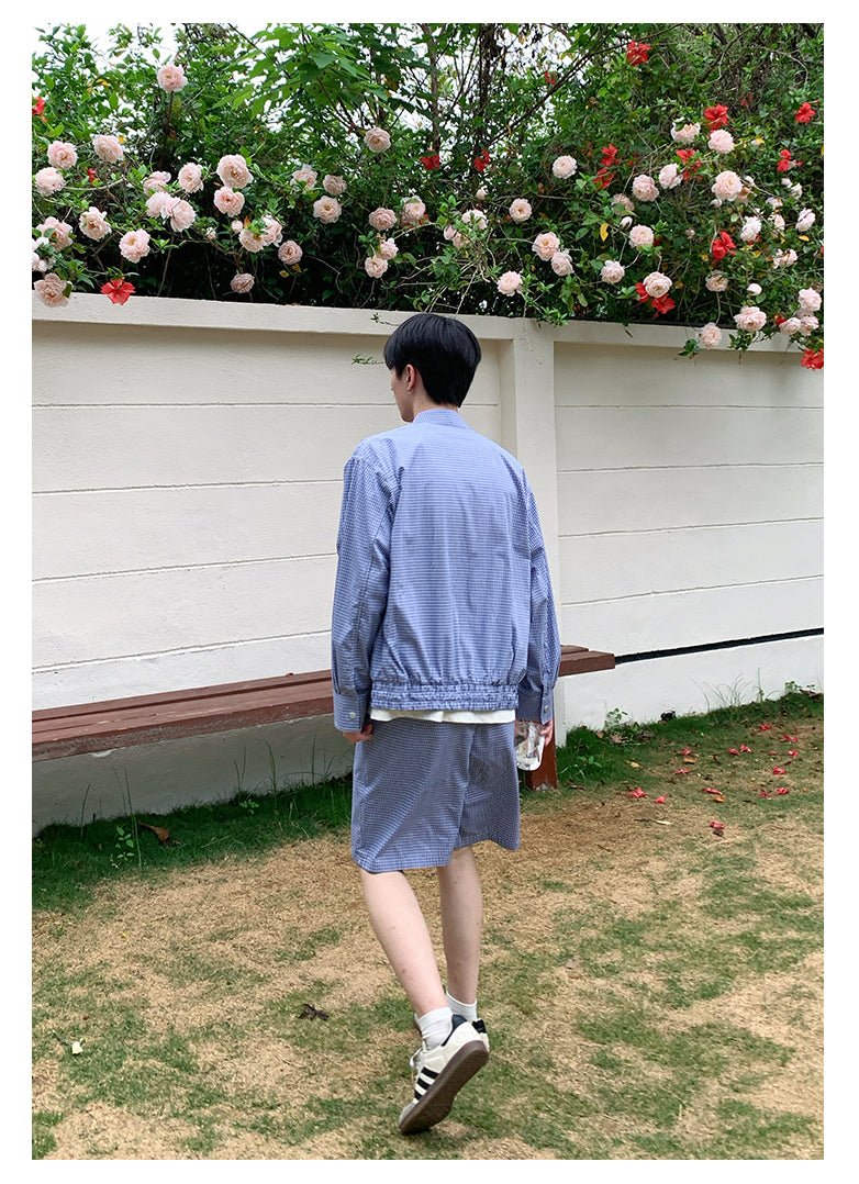 Blue plaid long sleeve casual jacket shorts OR4325 - ORUN