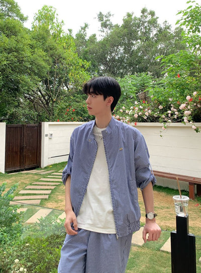 Blue plaid long sleeve casual jacket shorts OR4325 - ORUN
