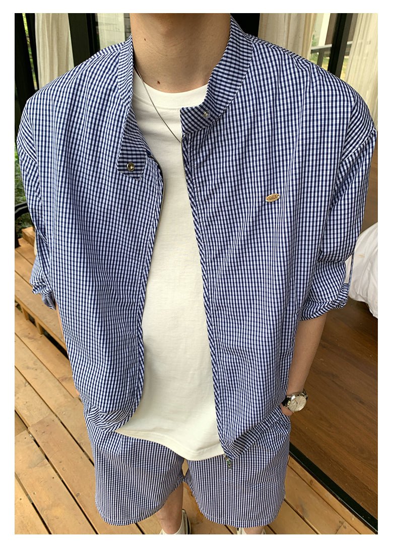 Blue plaid long sleeve casual jacket shorts OR4325 - ORUN