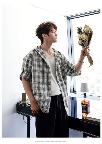 チェック柄フードシャツ メンズ 半袖｜Checkered Hooded SHIRT OR4351 - 韓国メンズファッション通販 - ORUN - 