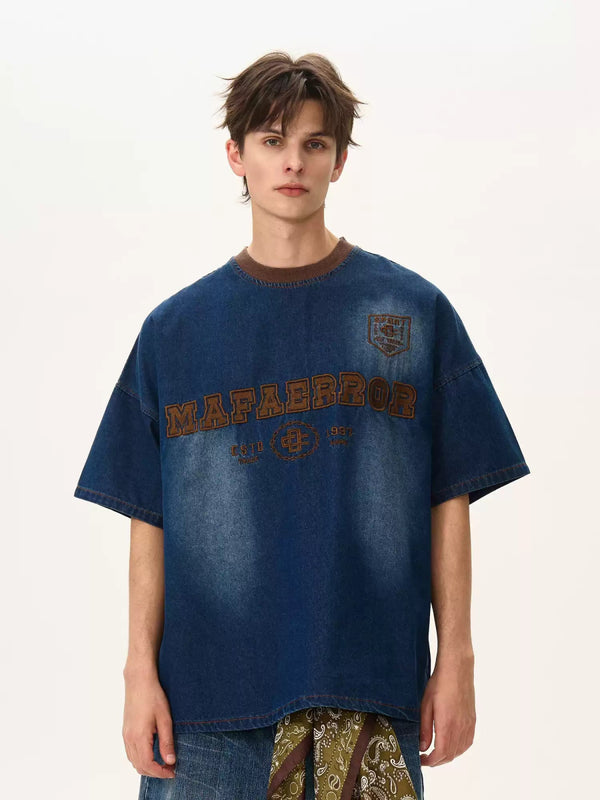 Denim embroidery short sleeve T-shirt OR4168