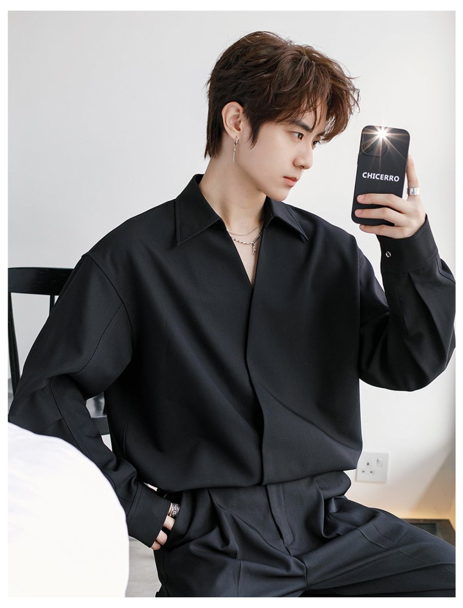 Diagonal placket V-neck shirt OR3390 – 韓国メンズファッション通販