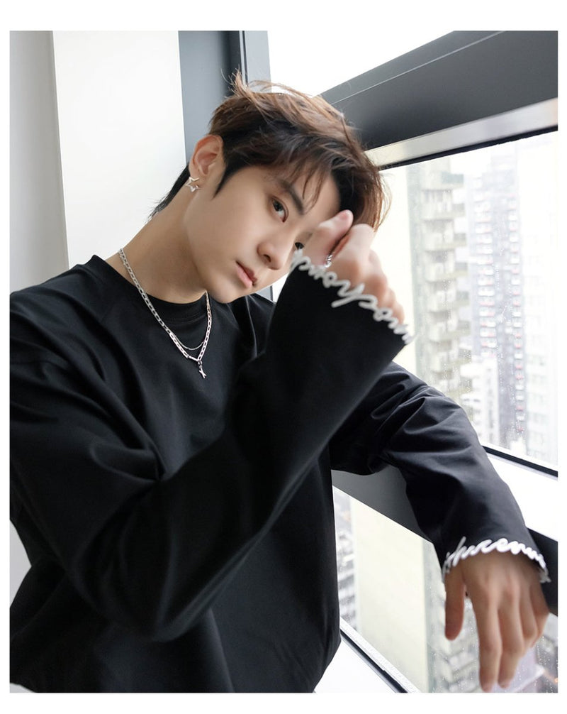 Embroidered Basic Long Sleeve T-Shirt OR4654 - 韓国メンズファッション通販 - ORUN - 