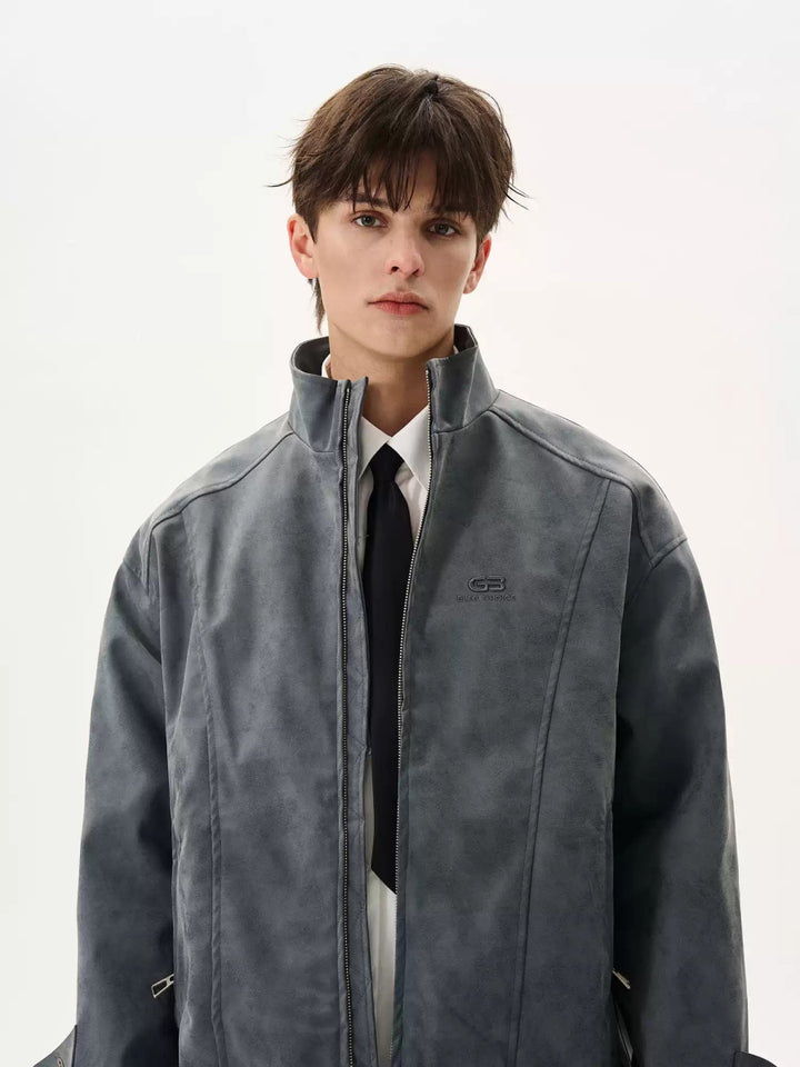 刺繍ロゴ スタンドカラーレザージャケット – 韓国メンズファッション