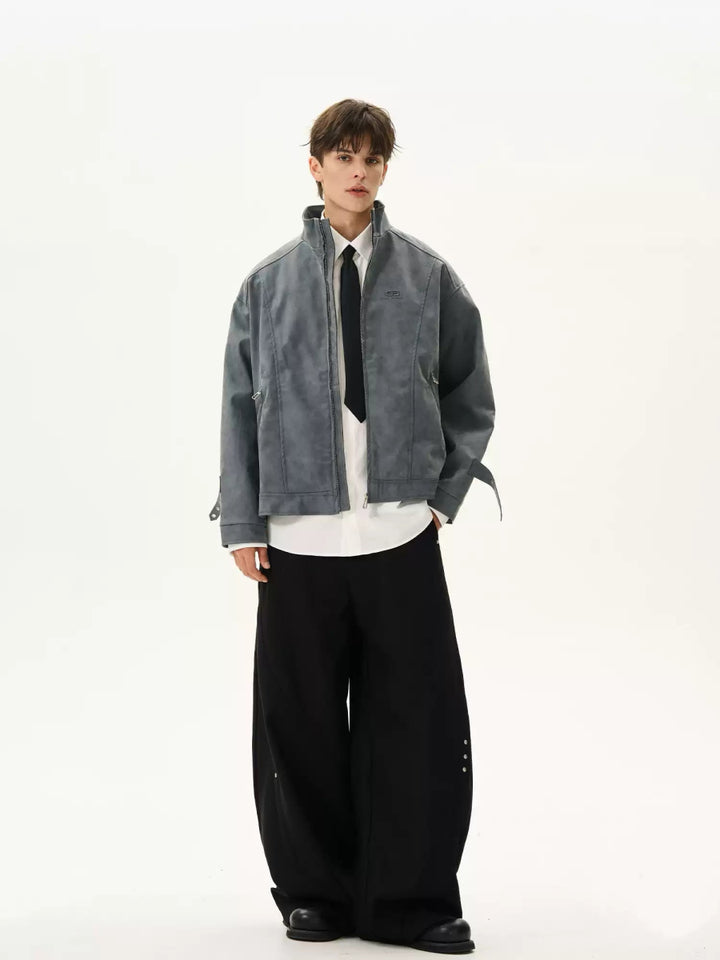 刺繍ロゴ スタンドカラーレザージャケット – 韓国メンズ