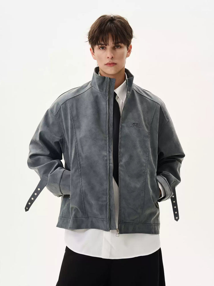 刺繍ロゴ スタンドカラーレザージャケット – 韓国メンズ