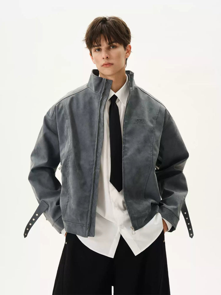 刺繍ロゴ スタンドカラーレザージャケット – 韓国メンズ 刺繍ロゴ スタンドカラーレザージャケット – 韓国メンズ