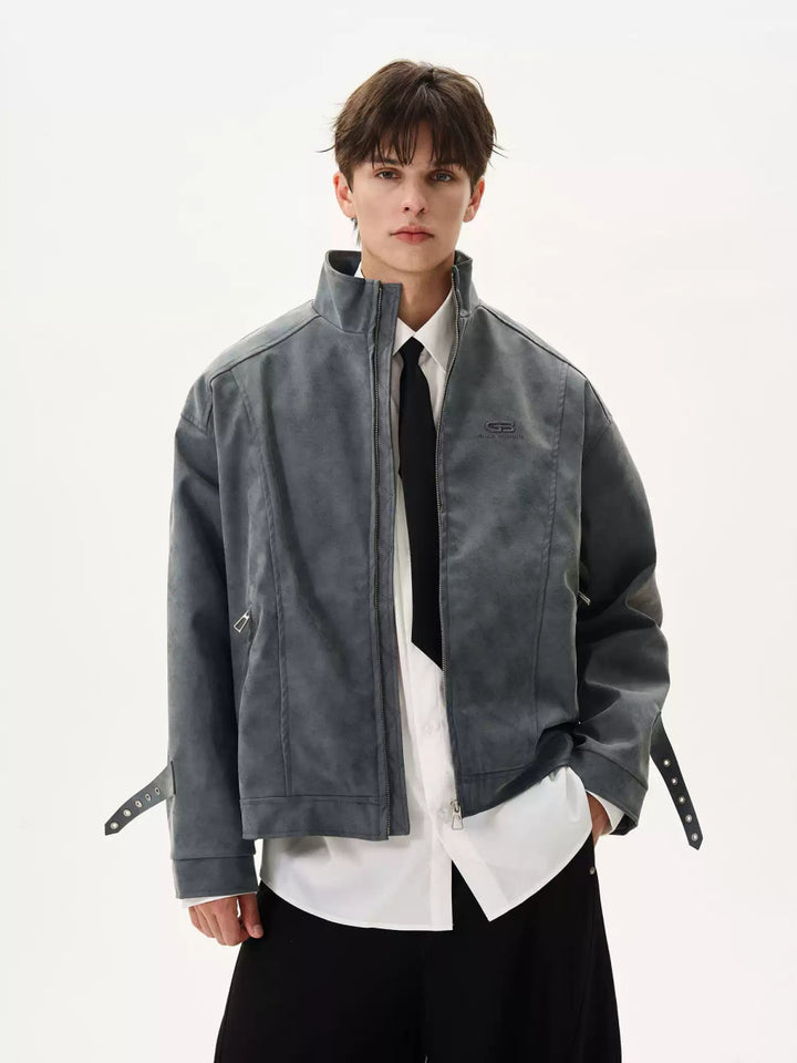 刺繍ロゴ スタンドカラーレザージャケット – 韓国メンズファッション