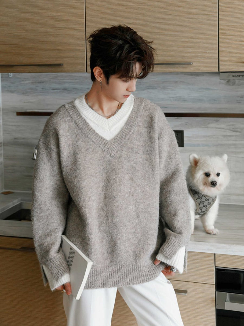 Fake two - piece V - neck knit OR3609 - ORUN