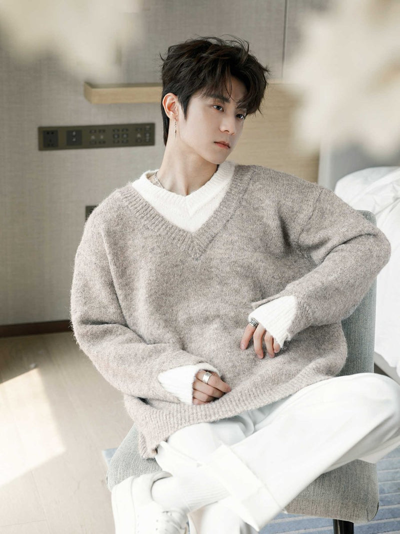 Fake two - piece V - neck knit OR3609 - ORUN