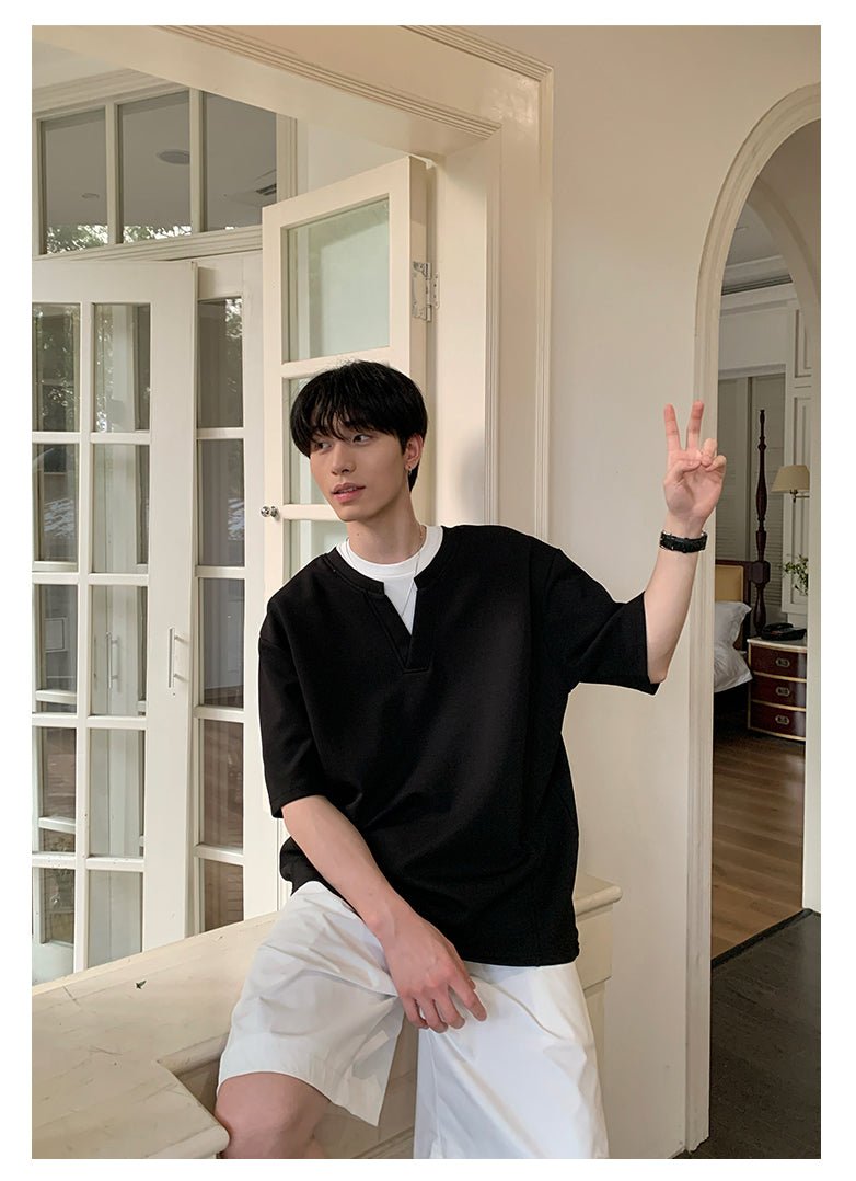 Fake two-piece V-neck T-shirt OR2937 - ORUN