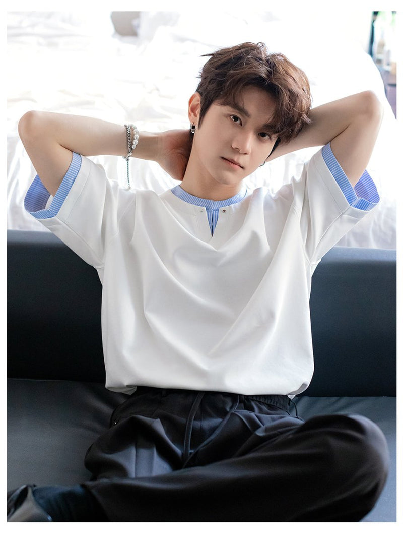 Fake two - piece V - neck T-shirt OR4394 - 韓国メンズファッション通販 - ORUN - 