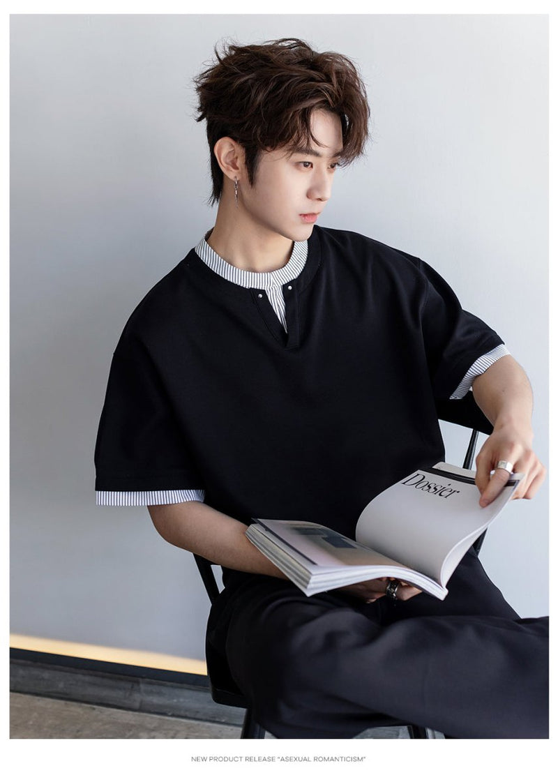 Fake two - piece V - neck T-shirt OR4394 - 韓国メンズファッション通販 - ORUN - 