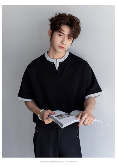 Fake two - piece V - neck T-shirt OR4394 - 韓国メンズファッション通販 - ORUN - 