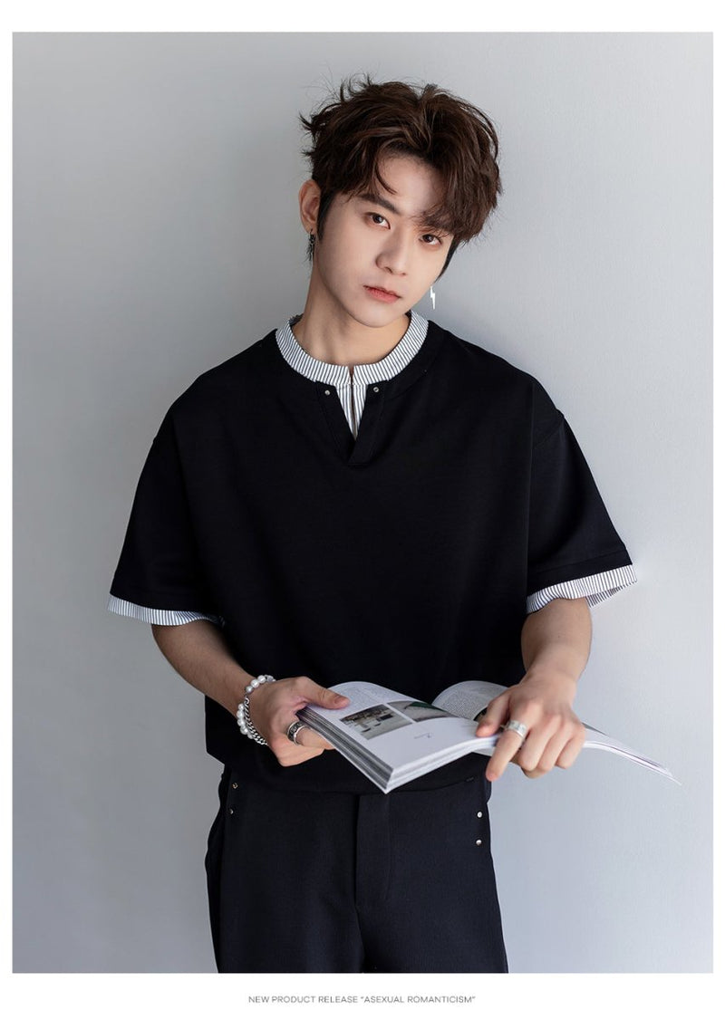 Fake two - piece V - neck T-shirt OR4394 - 韓国メンズファッション通販 - ORUN - 