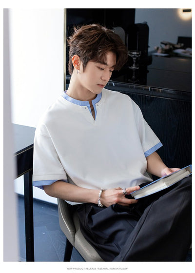 Fake two - piece V - neck T-shirt OR4394 - 韓国メンズファッション通販 - ORUN - 