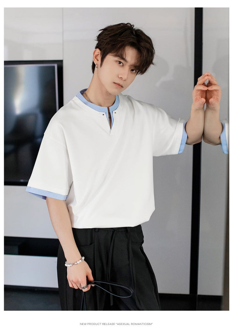 Fake two - piece V - neck T-shirt OR4394 - 韓国メンズファッション通販 - ORUN - 