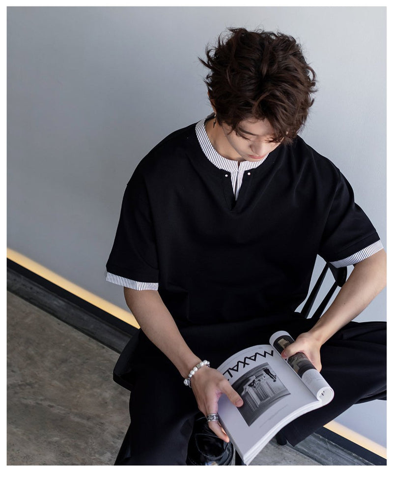 Fake two - piece V - neck T-shirt OR4394 - 韓国メンズファッション通販 - ORUN - 