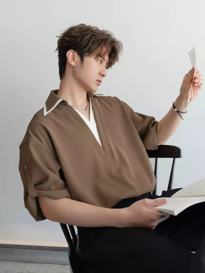 Faux layered V neck shirt OR4206 - ORUN
