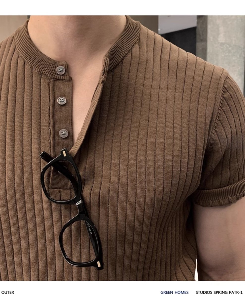 Henley collar knit T-shirt OR3073 – 韓国メンズファッション通販 
