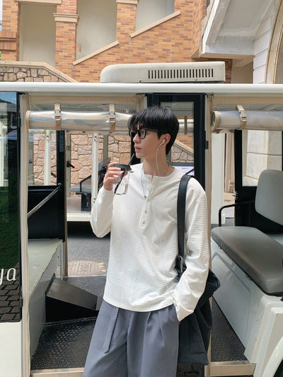 Henry collar striped long sleeve T-shirt OR4653 - 韓国メンズファッション通販 - ORUN - 