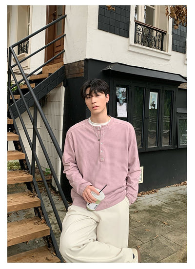 Henry collar striped long sleeve T-shirt OR4653 - 韓国メンズファッション通販 - ORUN - 