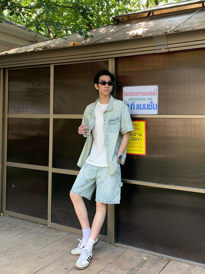 メンズ ホワイト トップス ストリート デニム シャツ 韓国 デニムセットアップ メンズ ライト｜Light Denim SHIRT SET