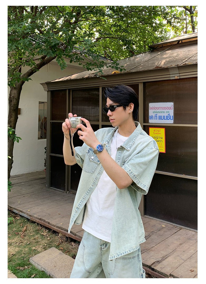 メンズ ホワイト トップス ストリート デニム シャツ 韓国 デニムセットアップ メンズ ライト|Light Denim SHIRT SET
