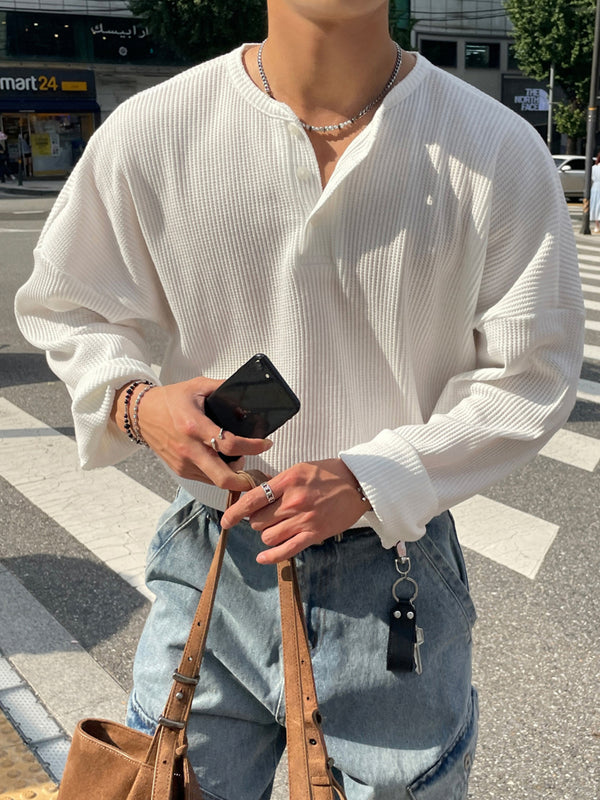 ワッフル編み・ヘンリーネックロンT  OR5434