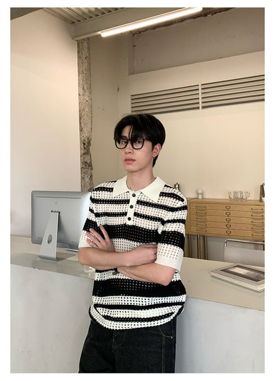 メッシュニット ボーダー ポロシャツ OR4443 - 韓国メンズファッション通販 - ORUN - 