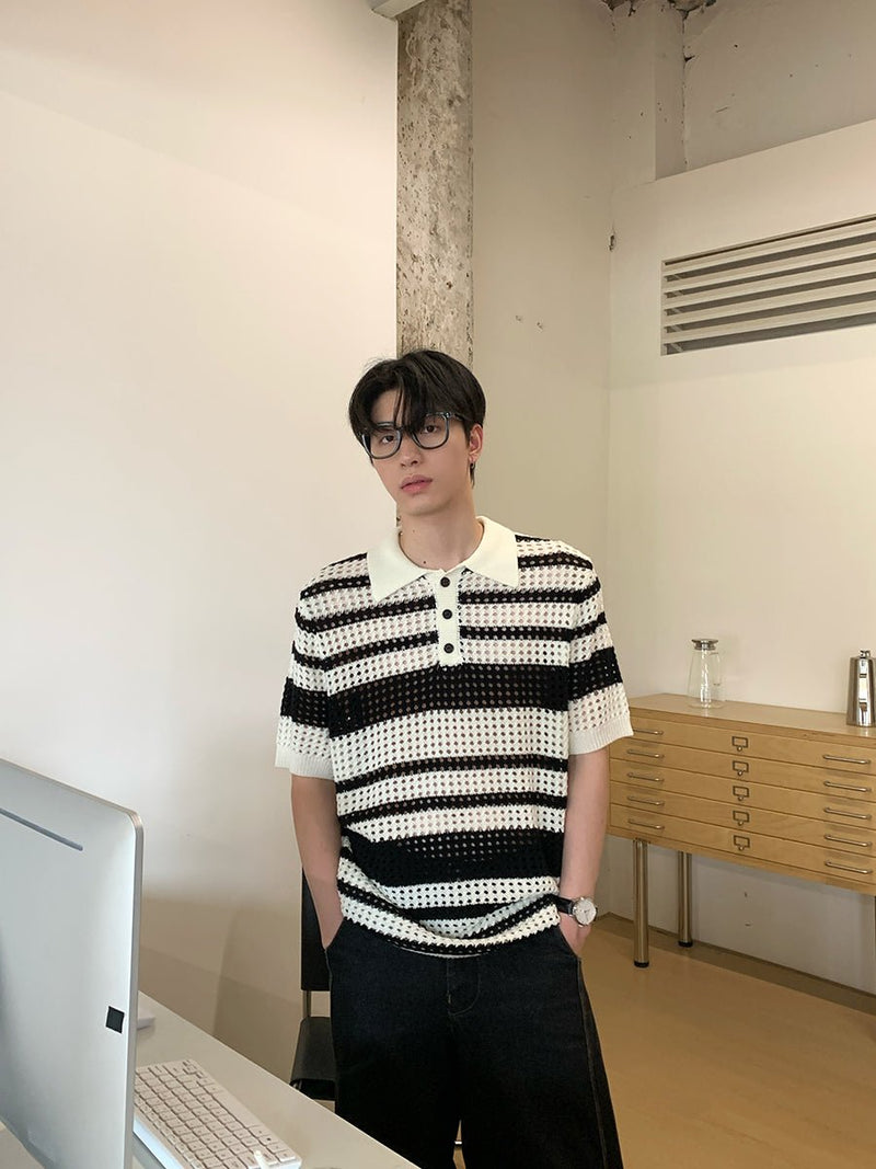 メッシュニット ボーダー ポロシャツ OR4443 - 韓国メンズファッション通販 - ORUN - 