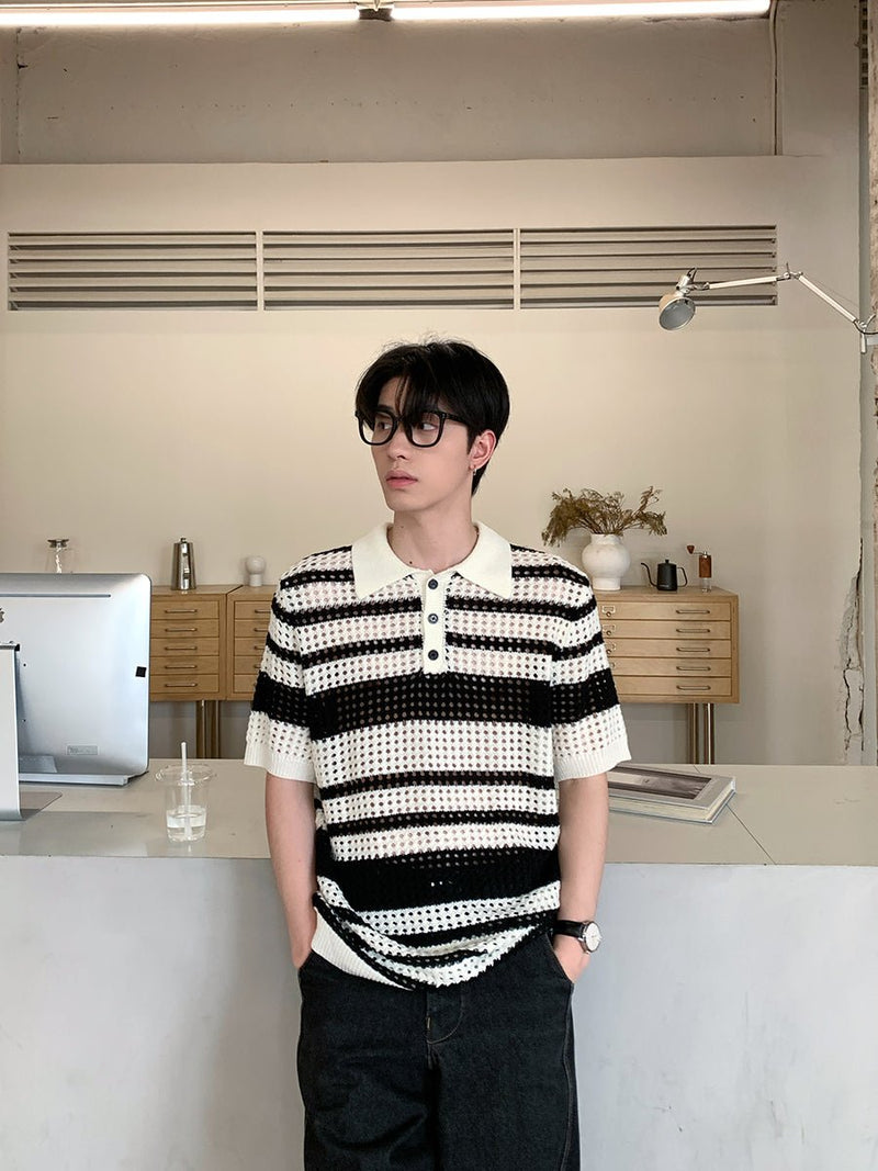 メッシュニット ボーダー ポロシャツ OR4443 - 韓国メンズファッション通販 - ORUN - 