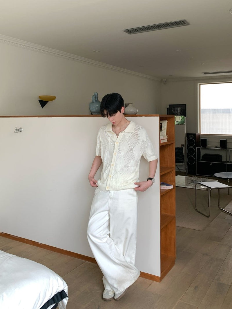 透かし編み ダイヤ柄 サマーニット ポロシャツ OR4479 - 韓国メンズファッション通販 - ORUN - 