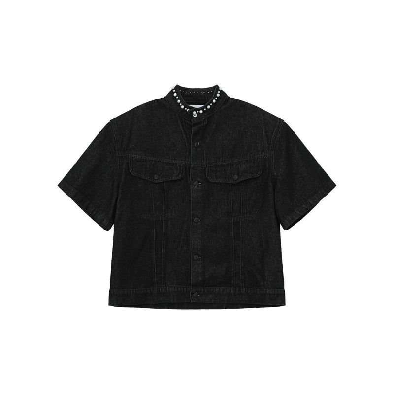 パール スタンドカラー 半袖デニムジャケット ＆ ワイドパンツ セットアップ OR4484 - 韓国メンズファッション通販 - ORUN - 