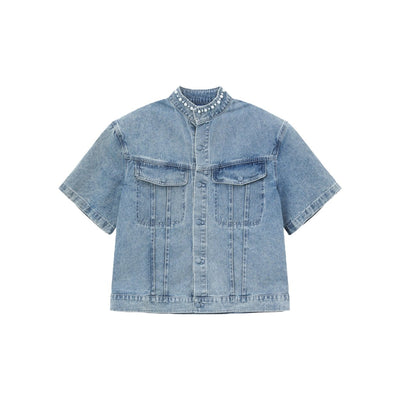 パール スタンドカラー 半袖デニムジャケット ＆ ワイドパンツ セットアップ OR4484 - 韓国メンズファッション通販 - ORUN - 