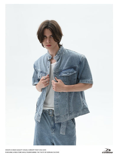 パール スタンドカラー 半袖デニムジャケット ＆ ワイドパンツ セットアップ OR4484 - 韓国メンズファッション通販 - ORUN - 