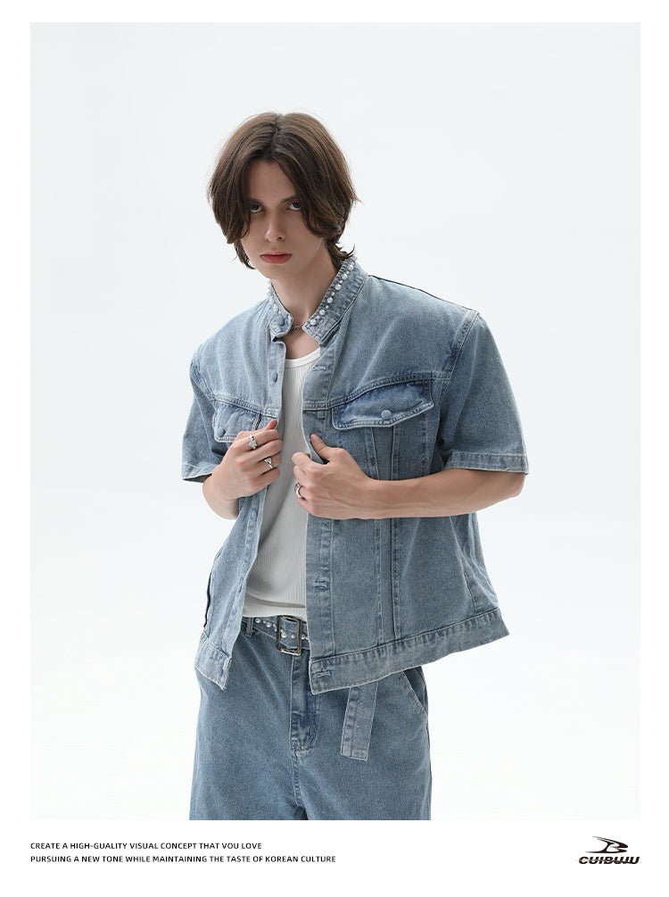 パール スタンドカラー 半袖デニムジャケット ＆ ワイドパンツ セットアップ OR4484 - 韓国メンズファッション通販 - ORUN - 