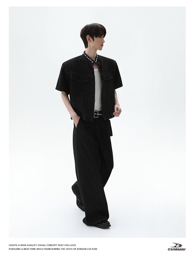 パール スタンドカラー 半袖デニムジャケット ＆ ワイドパンツ セットアップ OR4484 - 韓国メンズファッション通販 - ORUN - 