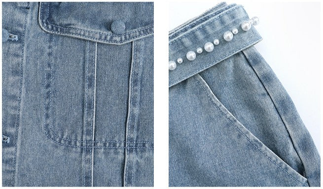パール スタンドカラー 半袖デニムジャケット ＆ ワイドパンツ セットアップ OR4484 - 韓国メンズファッション通販 - ORUN - 