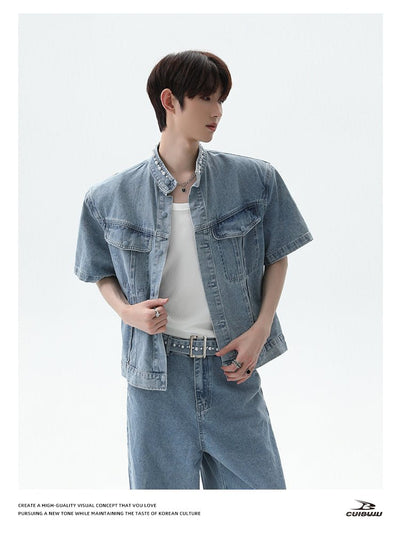パール スタンドカラー 半袖デニムジャケット ＆ ワイドパンツ セットアップ OR4484 - 韓国メンズファッション通販 - ORUN - 